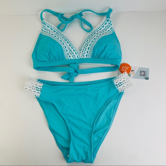 Beautyin Crochet Lace Bikini Two Piece Aqua Turquoise UPF 50 Women’s Size Small - Picture 7 of 7